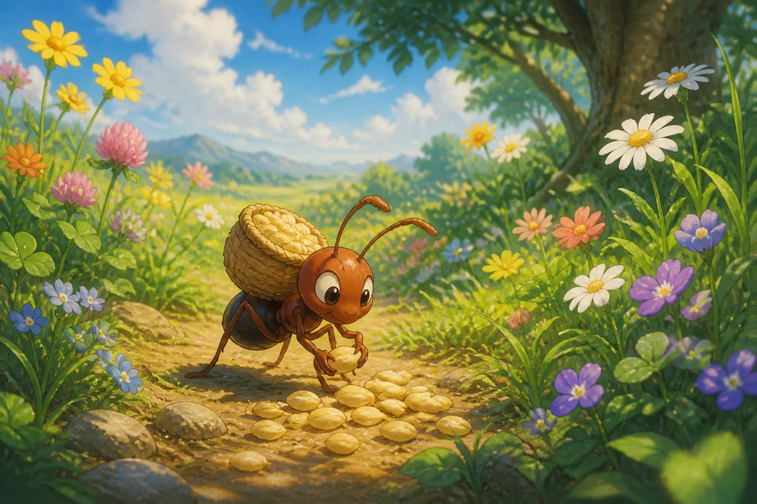 A busy ant named Annie diligently gathering food in a vibrant meadow filled with wildflowers, with a bright and sunny sky.