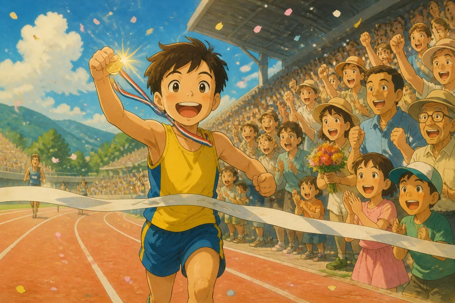 A young boy crossing the finish line of a marathon with a big smile, holding a shiny gold medal.