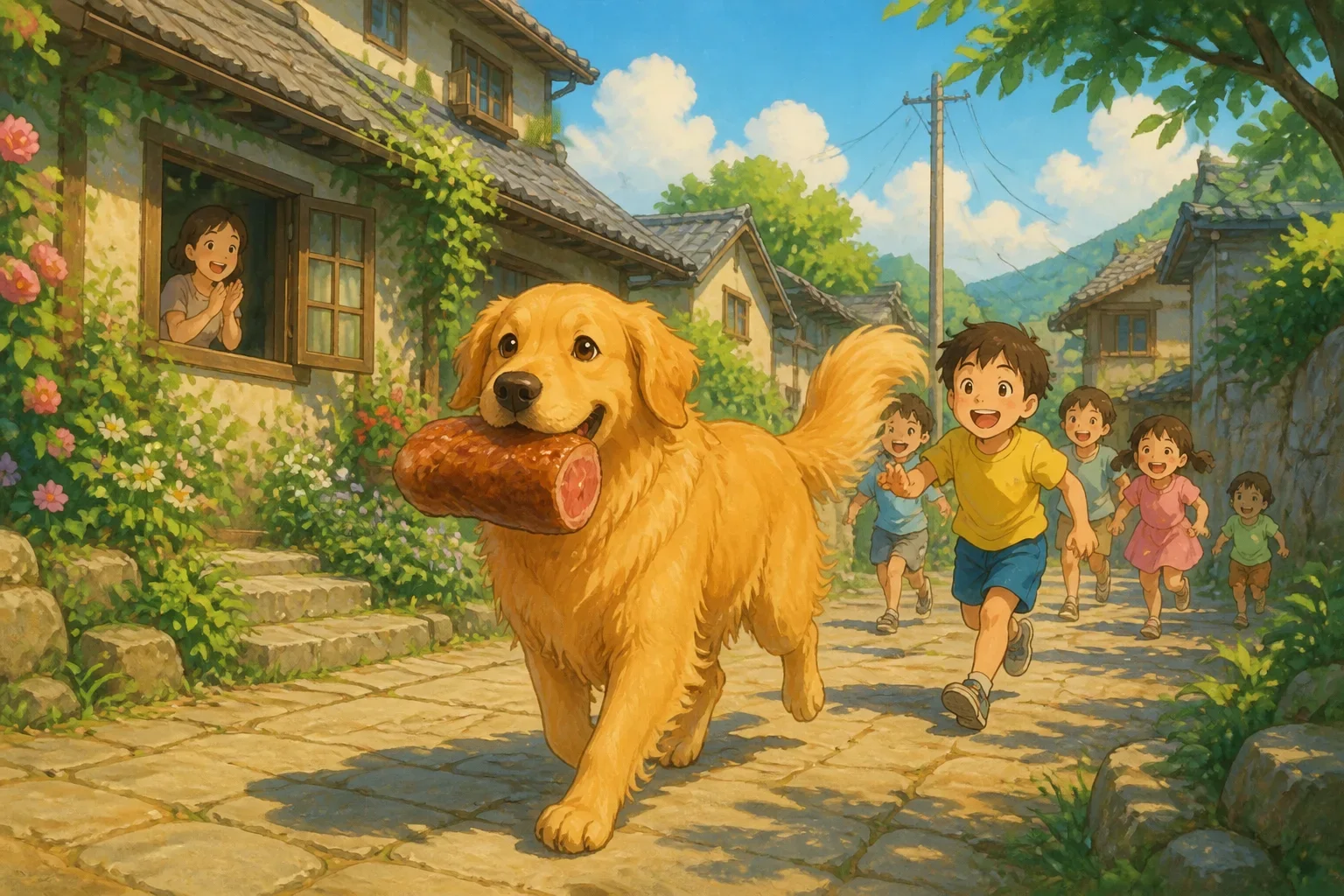 A happy golden retriever carrying a piece of meat in its mouth, walking through a vibrant village street as the sun shines.