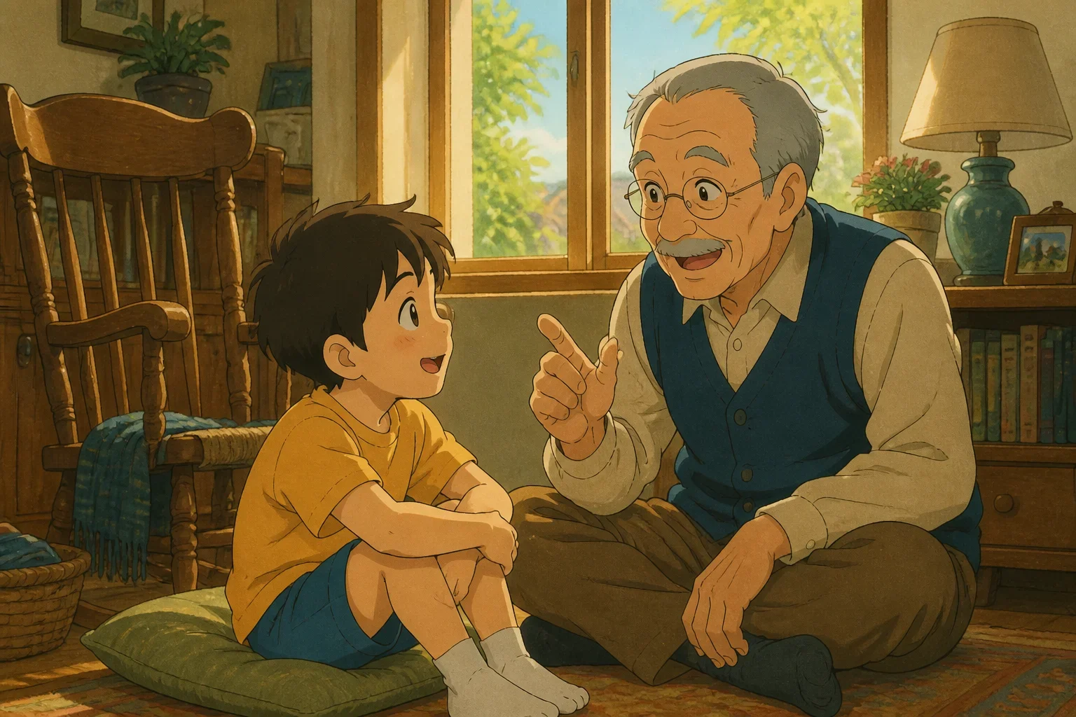 Grandfather and grandson sitting together in a cozy living room with an old wooden chair, filled with warm sunlight, sharing a story and a smile.