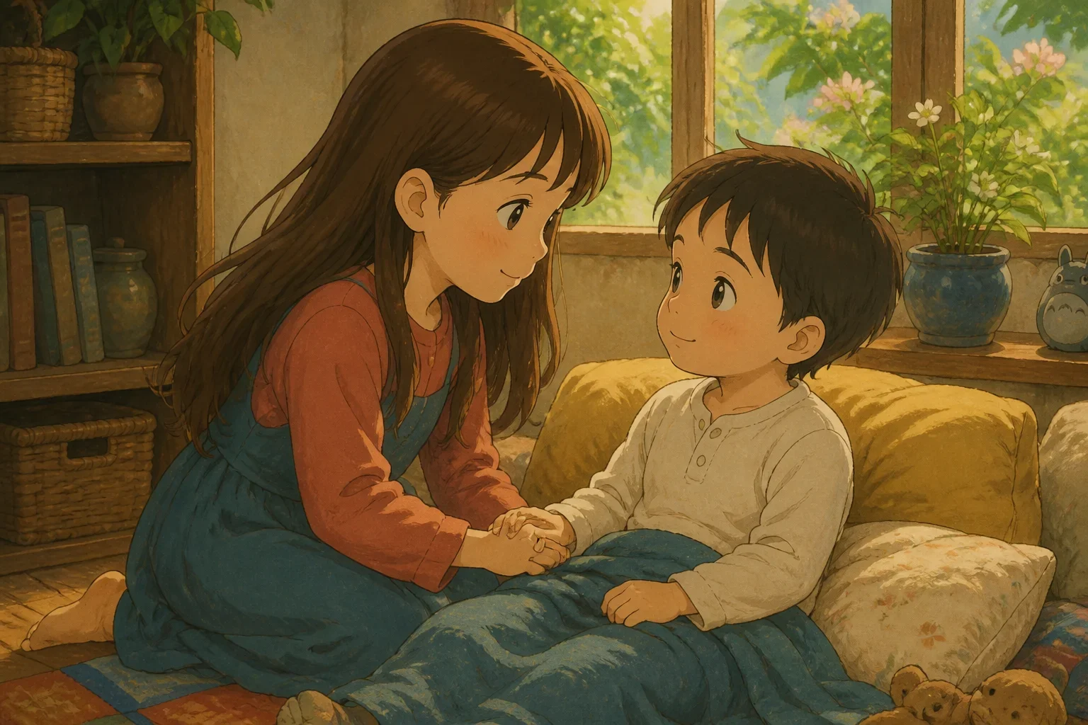 Elena gently holding her brother Leo's hand while sitting together in their cozy home, showing her caring nature and their special bond.