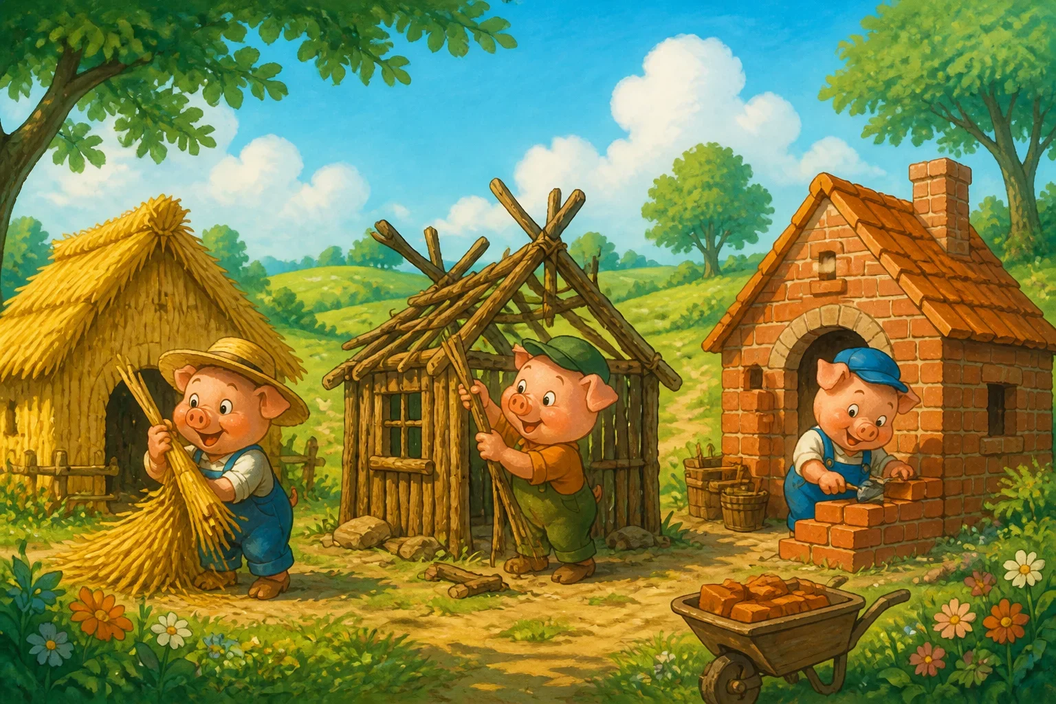 Three little pigs cheerfully working on building their houses with different materials in a sunny village.