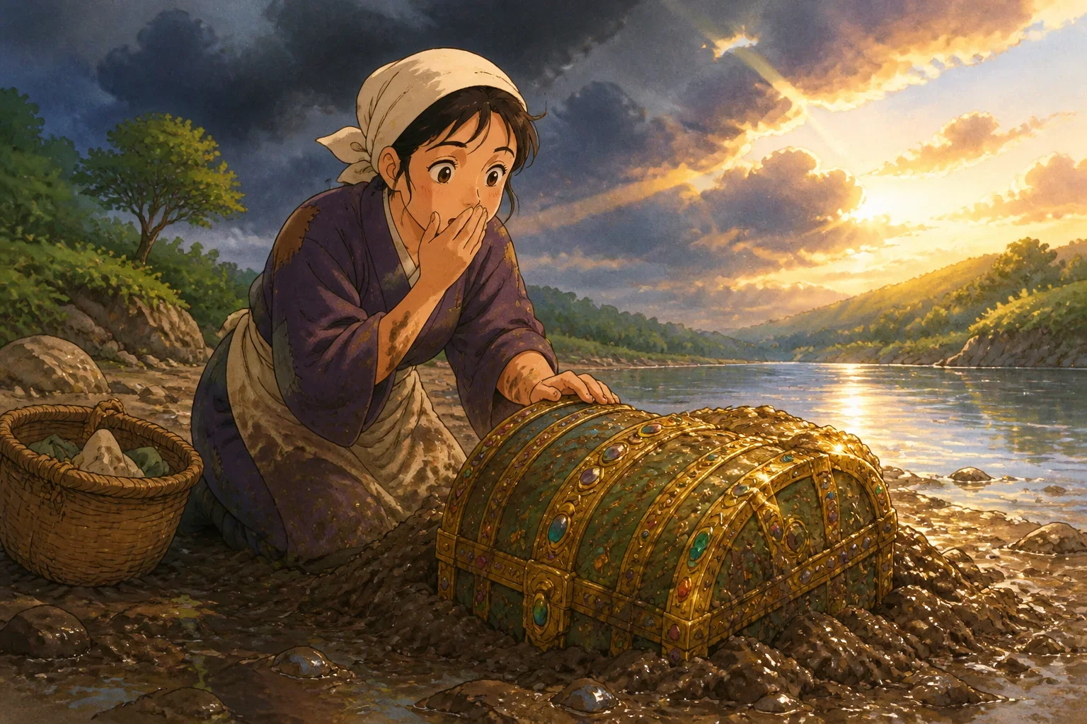 A gentle and warm children’s storybook scene showing a kind widow discovering a large, glittering treasure chest partially buried in mud on the riverbank, with stormy clouds fading in the background, rich textures, and a hopeful atmosphere.
